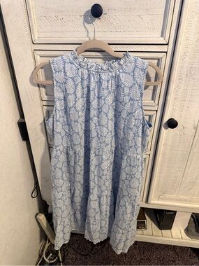 LOFT Light Blue Sleeveless Midi Dress with White Leaf Pattern